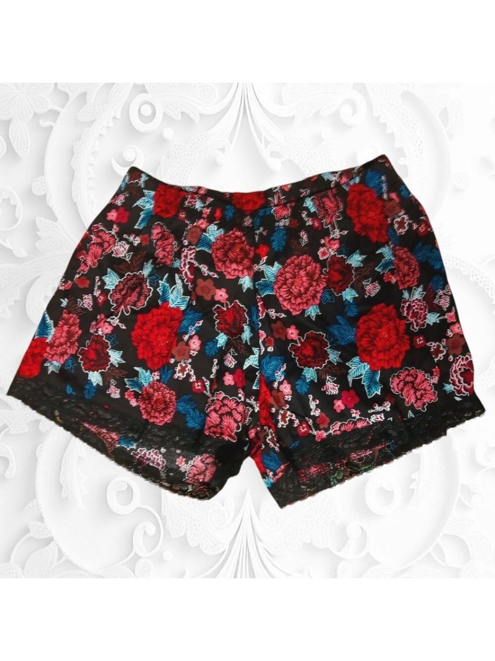 Vie De Rêve New York Black And Pink Floral Shorts With Cute Lacey Hems NWOT
